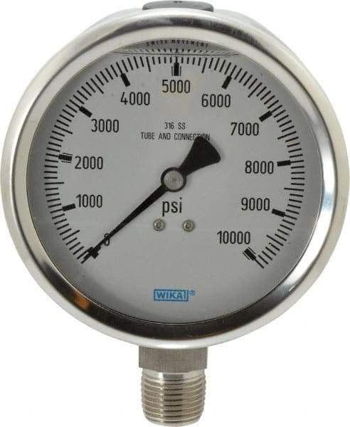 Wika - 4" Dial, 1/2 Thread, 0-10,000 Scale Range, Pressure Gauge - Lower Connection Mount, Accurate to 1% of Scale - All Tool & Supply