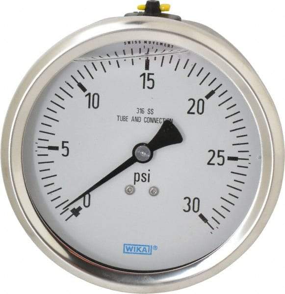 Wika - 4" Dial, 1/2 Thread, 0-30 Scale Range, Pressure Gauge - Lower Back Connection Mount, Accurate to 1% of Scale - All Tool & Supply