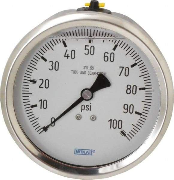 Wika - 4" Dial, 1/2 Thread, 0-100 Scale Range, Pressure Gauge - Lower Back Connection Mount, Accurate to 1% of Scale - All Tool & Supply