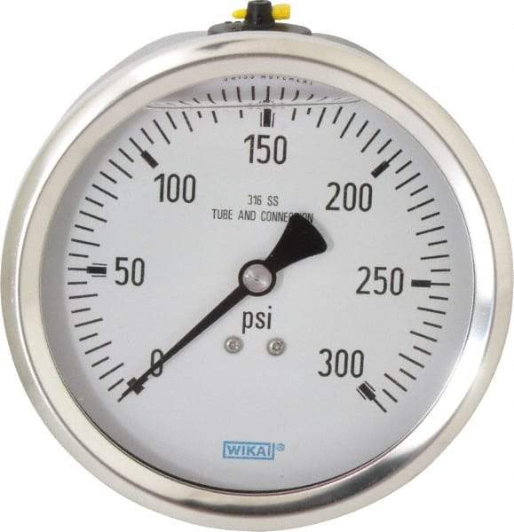 Wika - 4" Dial, 1/2 Thread, 0-300 Scale Range, Pressure Gauge - Lower Back Connection Mount, Accurate to 1% of Scale - All Tool & Supply