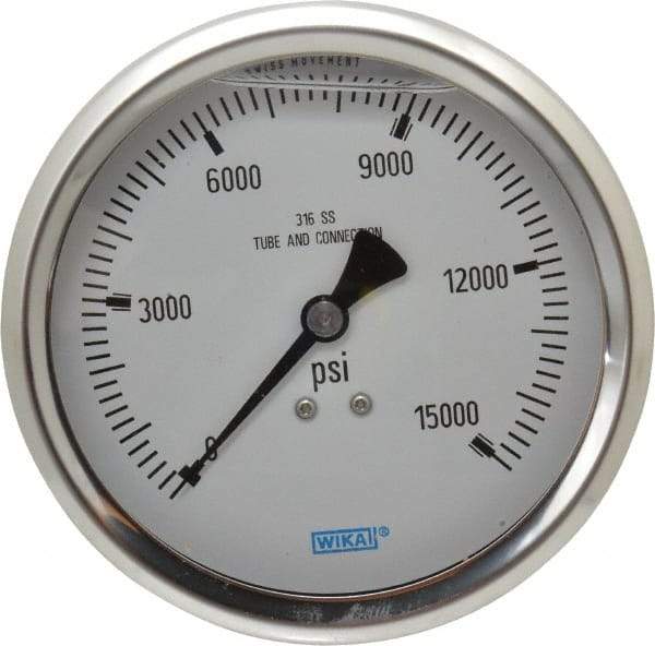 Wika - 4" Dial, 1/2 Thread, 0-15,000 Scale Range, Pressure Gauge - Lower Back Connection Mount, Accurate to 1% of Scale - All Tool & Supply