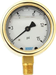 Wika - 2-1/2" Dial, 1/4 Thread, 0-15 Scale Range, Pressure Gauge - Lower Connection Mount, Accurate to 1.5% of Scale - All Tool & Supply