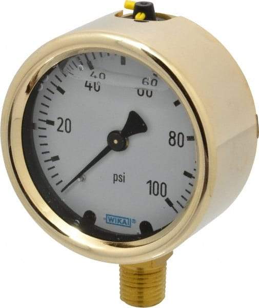 Wika - 2-1/2" Dial, 1/4 Thread, 0-100 Scale Range, Pressure Gauge - Lower Connection Mount, Accurate to 1.5% of Scale - All Tool & Supply