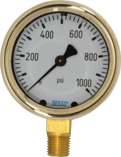 Wika - 2-1/2" Dial, 1/4 Thread, 0-1,000 Scale Range, Pressure Gauge - Lower Connection Mount, Accurate to 1.5% of Scale - All Tool & Supply