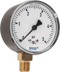 Wika - 2-1/2" Dial, 1/4 Thread, 0-5 Scale Range, Pressure Gauge - Lower Connection Mount, Accurate to 1.5% of Scale - All Tool & Supply