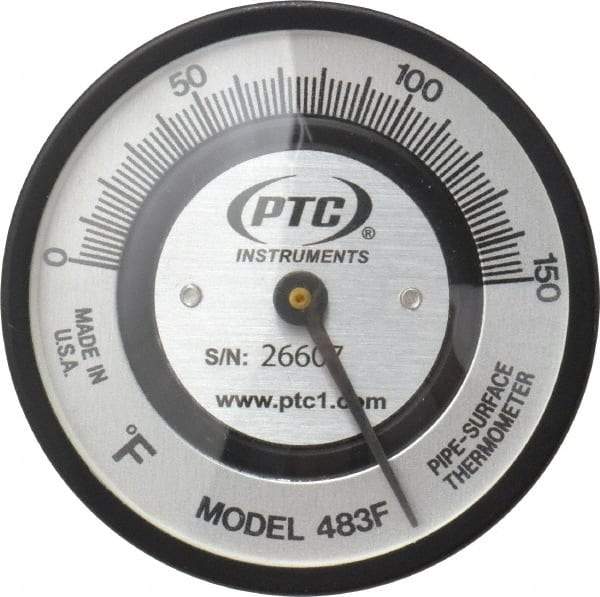 PTC Instruments - 150°F, 2 Inch Dial Diameter, Pipe Surface Spring Held Thermometer - 2° Division Graduation - All Tool & Supply