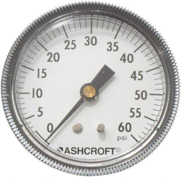 Ashcroft - 2-1/2" Dial, 1/4 Thread, 0-60 Scale Range, Pressure Gauge - Center Back Connection Mount - All Tool & Supply