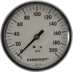 Ashcroft - 3-1/2" Dial, 1/4 Thread, 0-200 Scale Range, Pressure Gauge - Center Back Connection Mount - All Tool & Supply