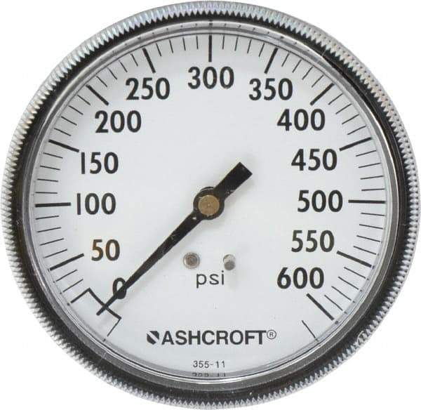 Ashcroft - 3-1/2" Dial, 1/4 Thread, 0-600 Scale Range, Pressure Gauge - Center Back Connection Mount - All Tool & Supply