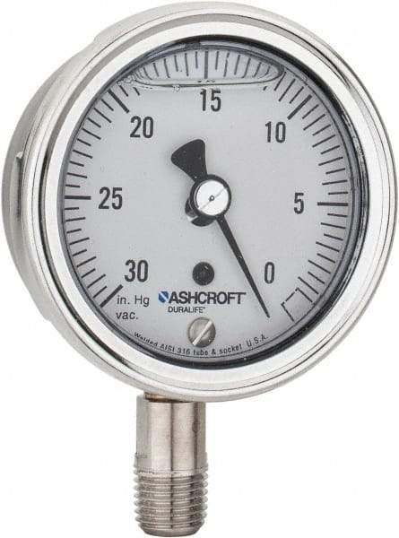 Ashcroft - 2-1/2" Dial, 1/4 Thread, 30-0 Scale Range, Pressure Gauge - Lower Connection Mount, Accurate to 1% of Scale - All Tool & Supply