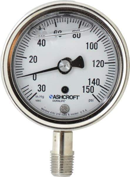 Ashcroft - 2-1/2" Dial, 1/4 Thread, 30-0-150 Scale Range, Pressure Gauge - Lower Connection Mount, Accurate to 1% of Scale - All Tool & Supply