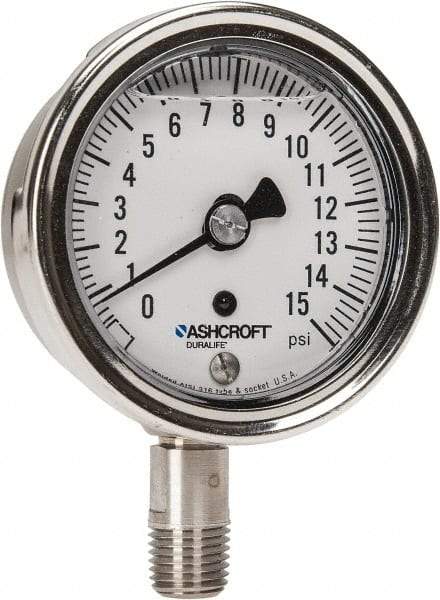 Ashcroft - 2-1/2" Dial, 1/4 Thread, 0-15 Scale Range, Pressure Gauge - Lower Connection Mount, Accurate to 1% of Scale - All Tool & Supply