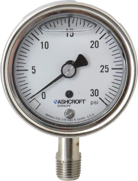 Ashcroft - 2-1/2" Dial, 1/4 Thread, 0-30 Scale Range, Pressure Gauge - Lower Connection Mount, Accurate to 1% of Scale - All Tool & Supply