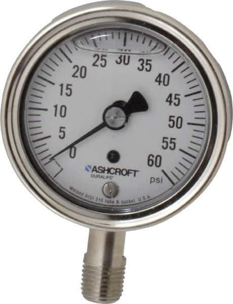 Ashcroft - 2-1/2" Dial, 1/4 Thread, 0-60 Scale Range, Pressure Gauge - Lower Connection Mount, Accurate to 1% of Scale - All Tool & Supply