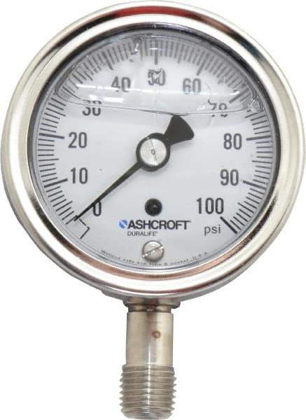 Ashcroft - 2-1/2" Dial, 1/4 Thread, 0-100 Scale Range, Pressure Gauge - Lower Connection Mount, Accurate to 1% of Scale - All Tool & Supply