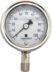 Ashcroft - 2-1/2" Dial, 1/4 Thread, 0-100 Scale Range, Pressure Gauge - Lower Connection Mount, Accurate to 1% of Scale - All Tool & Supply