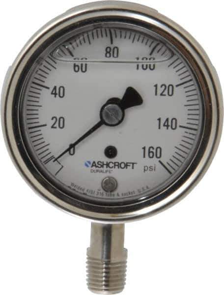 Ashcroft - 2-1/2" Dial, 1/4 Thread, 0-160 Scale Range, Pressure Gauge - Lower Connection Mount, Accurate to 1% of Scale - All Tool & Supply