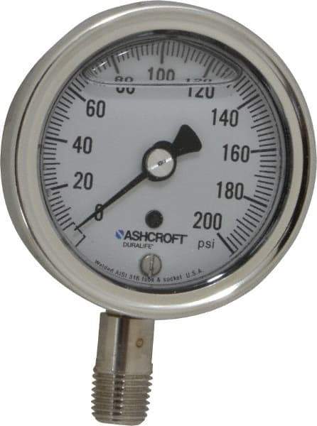 Ashcroft - 2-1/2" Dial, 1/4 Thread, 0-200 Scale Range, Pressure Gauge - Lower Connection Mount, Accurate to 1% of Scale - All Tool & Supply