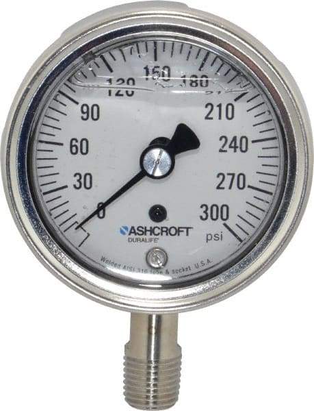 Ashcroft - 2-1/2" Dial, 1/4 Thread, 0-300 Scale Range, Pressure Gauge - Lower Connection Mount, Accurate to 1% of Scale - All Tool & Supply