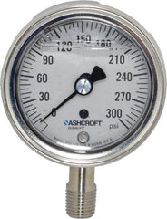 Ashcroft - 2-1/2" Dial, 1/4 Thread, 0-300 Scale Range, Pressure Gauge - Lower Connection Mount, Accurate to 1% of Scale - All Tool & Supply