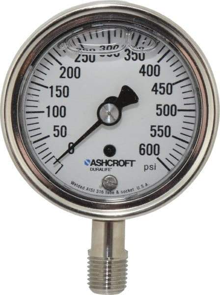 Ashcroft - 2-1/2" Dial, 1/4 Thread, 0-600 Scale Range, Pressure Gauge - Lower Connection Mount, Accurate to 1% of Scale - All Tool & Supply