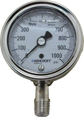 Ashcroft - 2-1/2" Dial, 1/4 Thread, 0-1,000 Scale Range, Pressure Gauge - Lower Connection Mount, Accurate to 1% of Scale - All Tool & Supply