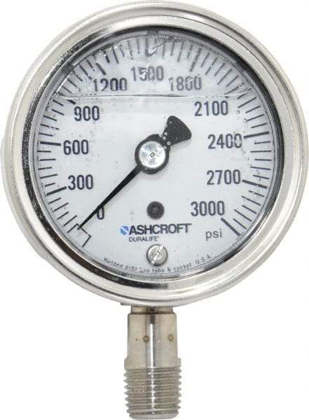 Ashcroft - 2-1/2" Dial, 1/4 Thread, 0-3,000 Scale Range, Pressure Gauge - Lower Connection Mount, Accurate to 1% of Scale - All Tool & Supply