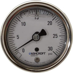 Ashcroft - 2-1/2" Dial, 1/4 Thread, 0-30 Scale Range, Pressure Gauge - Center Back Connection Mount, Accurate to 1% of Scale - All Tool & Supply