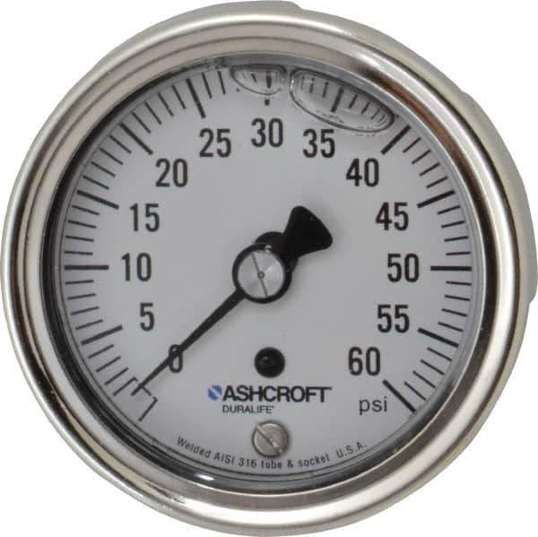 Ashcroft - 2-1/2" Dial, 1/4 Thread, 0-60 Scale Range, Pressure Gauge - Center Back Connection Mount, Accurate to 1% of Scale - All Tool & Supply