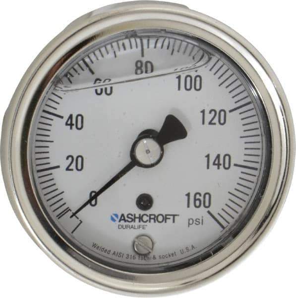 Ashcroft - 2-1/2" Dial, 1/4 Thread, 0-160 Scale Range, Pressure Gauge - Center Back Connection Mount, Accurate to 1% of Scale - All Tool & Supply