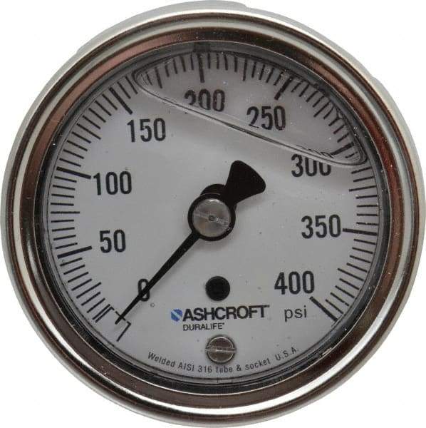 Ashcroft - 2-1/2" Dial, 1/4 Thread, 0-400 Scale Range, Pressure Gauge - Center Back Connection Mount, Accurate to 1% of Scale - All Tool & Supply