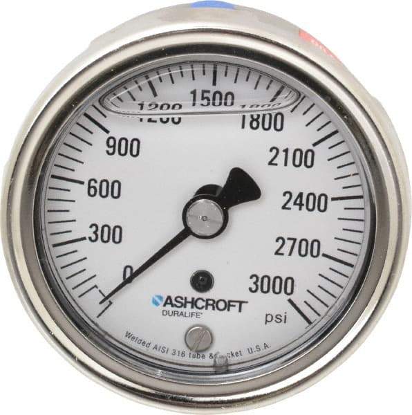 Ashcroft - 2-1/2" Dial, 1/4 Thread, 0-3,000 Scale Range, Pressure Gauge - Center Back Connection Mount, Accurate to 1% of Scale - All Tool & Supply