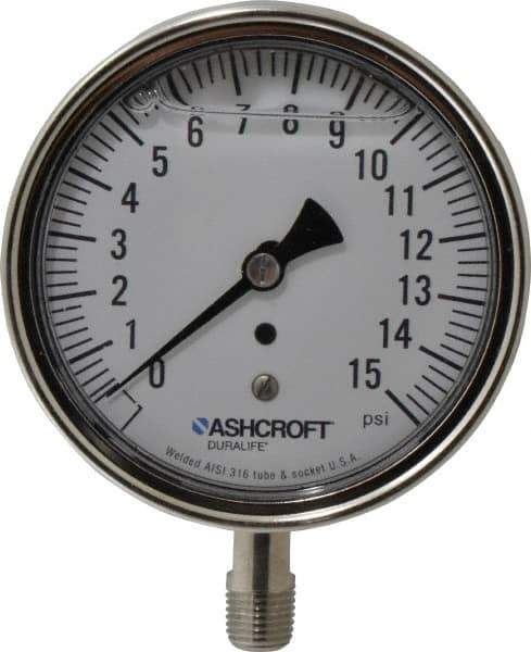 Ashcroft - 3-1/2" Dial, 1/4 Thread, 0-15 Scale Range, Pressure Gauge - Lower Connection Mount, Accurate to 1% of Scale - All Tool & Supply