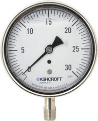 Ashcroft - 3-1/2" Dial, 1/4 Thread, 0-30 Scale Range, Pressure Gauge - Lower Connection Mount, Accurate to 1% of Scale - All Tool & Supply