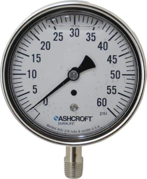 Ashcroft - 3-1/2" Dial, 1/4 Thread, 0-60 Scale Range, Pressure Gauge - Lower Connection Mount, Accurate to 1% of Scale - All Tool & Supply