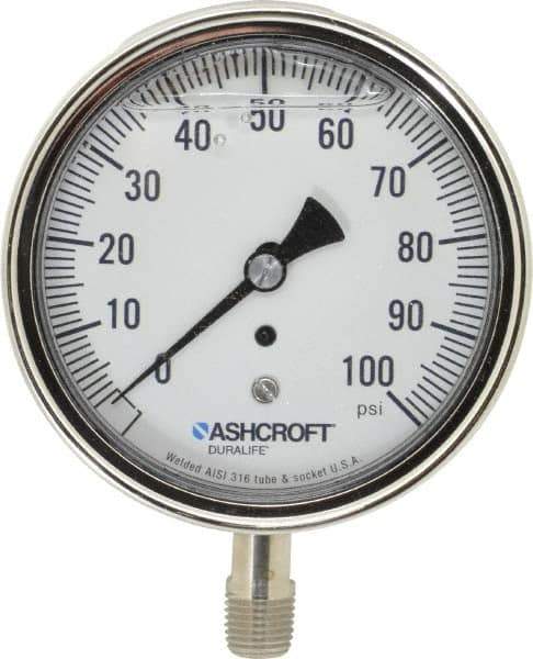 Ashcroft - 3-1/2" Dial, 1/4 Thread, 0-100 Scale Range, Pressure Gauge - Lower Connection Mount, Accurate to 1% of Scale - All Tool & Supply