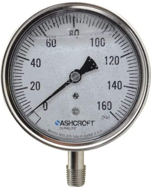 Ashcroft - 3-1/2" Dial, 1/4 Thread, 0-160 Scale Range, Pressure Gauge - Lower Connection Mount, Accurate to 1% of Scale - All Tool & Supply