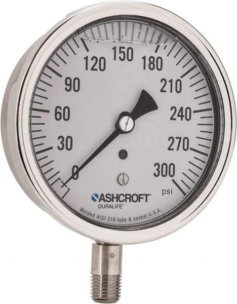 Ashcroft - 3-1/2" Dial, 1/4 Thread, 0-300 Scale Range, Pressure Gauge - Lower Connection Mount, Accurate to 1% of Scale - All Tool & Supply