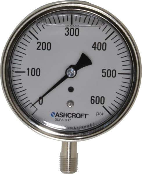 Ashcroft - 3-1/2" Dial, 1/4 Thread, 0-600 Scale Range, Pressure Gauge - Lower Connection Mount, Accurate to 1% of Scale - All Tool & Supply