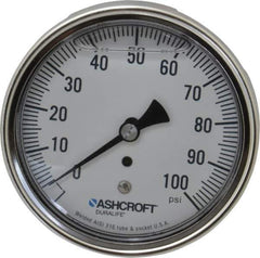 Ashcroft - 3-1/2" Dial, 1/4 Thread, 0-100 Scale Range, Pressure Gauge - Center Back Connection Mount, Accurate to 1% of Scale - All Tool & Supply