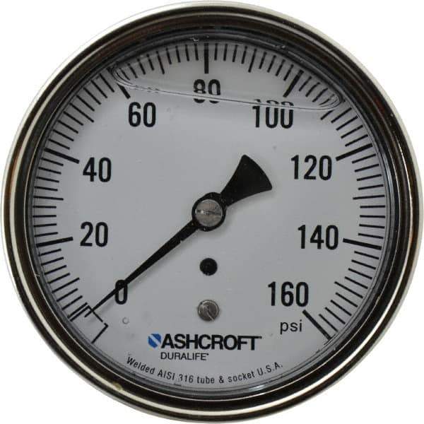 Ashcroft - 3-1/2" Dial, 1/4 Thread, 0-160 Scale Range, Pressure Gauge - Center Back Connection Mount, Accurate to 1% of Scale - All Tool & Supply