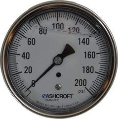 Ashcroft - 3-1/2" Dial, 1/4 Thread, 0-200 Scale Range, Pressure Gauge - Center Back Connection Mount, Accurate to 1% of Scale - All Tool & Supply