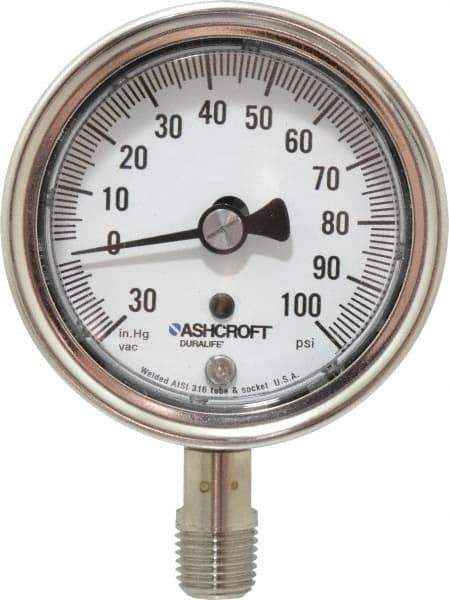 Ashcroft - 2-1/2" Dial, 1/4 Thread, 30-0-100 Scale Range, Pressure Gauge - Lower Connection Mount, Accurate to 1% of Scale - All Tool & Supply