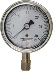 Ashcroft - 2-1/2" Dial, 1/4 Thread, 0-30 Scale Range, Pressure Gauge - Lower Connection Mount, Accurate to 1% of Scale - All Tool & Supply