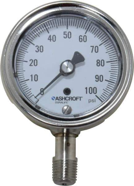 Ashcroft - 2-1/2" Dial, 1/4 Thread, 0-100 Scale Range, Pressure Gauge - Lower Connection Mount, Accurate to 1% of Scale - All Tool & Supply