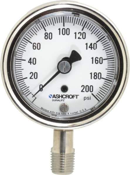 Ashcroft - 2-1/2" Dial, 1/4 Thread, 0-200 Scale Range, Pressure Gauge - Lower Connection Mount, Accurate to 1% of Scale - All Tool & Supply