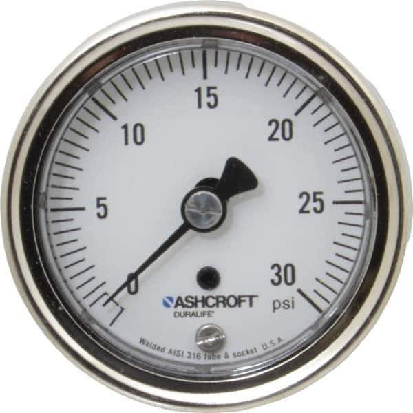 Ashcroft - 2-1/2" Dial, 1/4 Thread, 0-30 Scale Range, Pressure Gauge - Center Back Connection Mount, Accurate to 1% of Scale - All Tool & Supply