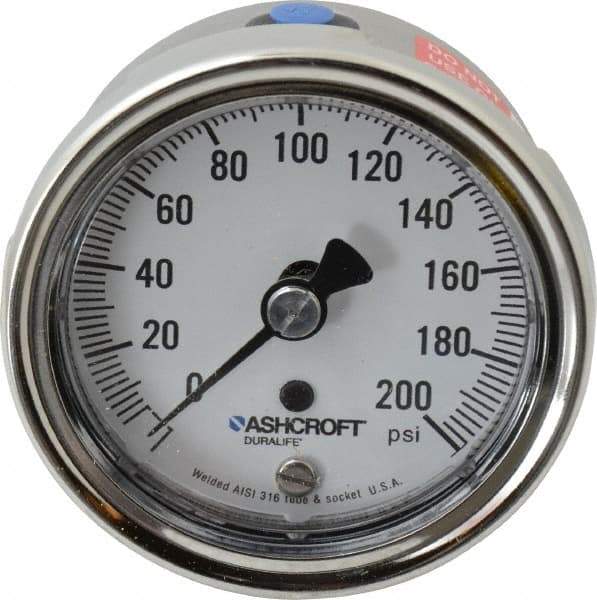 Ashcroft - 2-1/2" Dial, 1/4 Thread, 0-200 Scale Range, Pressure Gauge - Lower Back Connection Mount, Accurate to 1% of Scale - All Tool & Supply