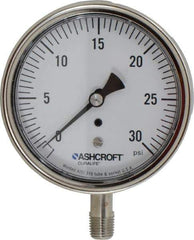 Ashcroft - 3-1/2" Dial, 1/4 Thread, 0-30 Scale Range, Pressure Gauge - Lower Connection Mount, Accurate to 1% of Scale - All Tool & Supply