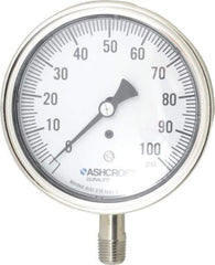 Ashcroft - 3-1/2" Dial, 1/4 Thread, 0-100 Scale Range, Pressure Gauge - Lower Connection Mount, Accurate to 1% of Scale - All Tool & Supply